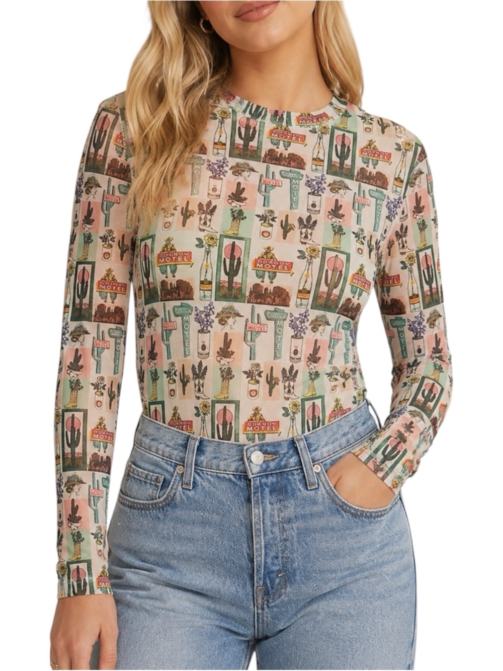 Turquoise Haven Cowboy Motel Mesh Top Large Western Cowgirl Cactus Sheer Boho